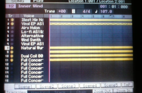 With these few easy steps, you can play back your song to an audience while playing all of the lead instruments without switching tracks as well as beefing them up with layered backup sounds.  Pretty cool, huh?  Let's get started...  First, you'll want to pick the track where you want to play all of the other instruments from and add a voice to it (in this example, I've picked track 3, the Airy Nylon). With this instrument, I will have the Vinyl EP layered where it is selected on the keys and the other voices in their own separate sections of the keyboard.