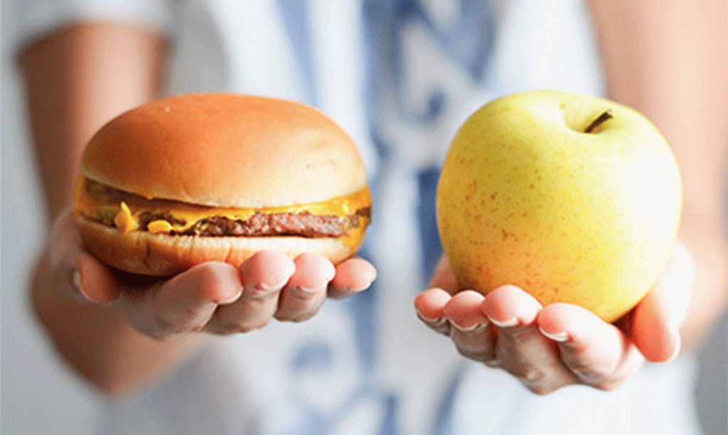 Comparing Cheeseburger to Apple in Hands