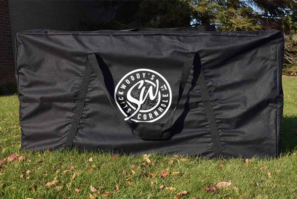 Cornhole set carrying case featuring the Slick Woody's logo