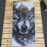 Custom cornhole board with wolf artwork