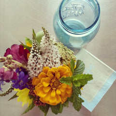 blue ball jar fresh field flowers