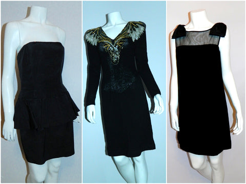 1980s AJ Bari strapless peplum dress with rhinestone trim, 1980s Wellmore knit dress with sequin front, 1960s velvet dress with sheer top and bow detailing.