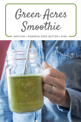 Green smoothie with sliced kiwi, banana, and pumpkin seed butter. Healthy option for kids. 