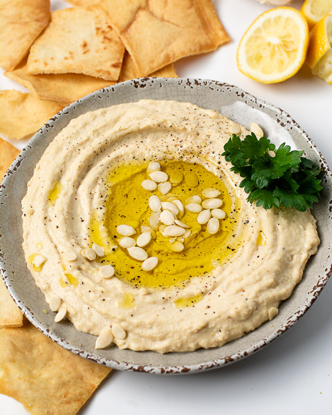 Sesame-free hummus with watermelon seed butter and olive oil. 