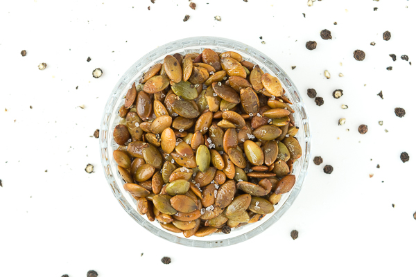 Sea salt and pepper pumpkin seeds. Simple to roast, these are the perfect snack for a road-trip. 