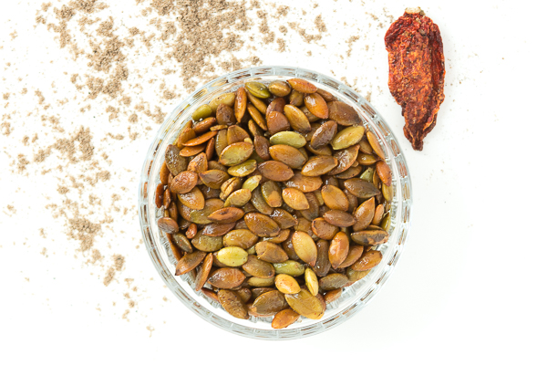 Cardamom and cayenne pumpkin seeds. These seeds have a lovely sweet and spicy flavor.