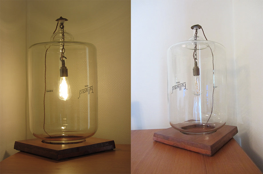 Bright Goods LED Filament Victoria Light Bulb in a milk jar (switched on and off)
