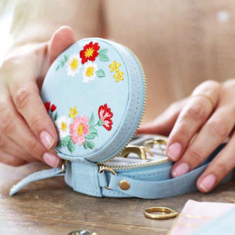 Embroidered Flowers Mini Round Velvet Jewellery Case 12747