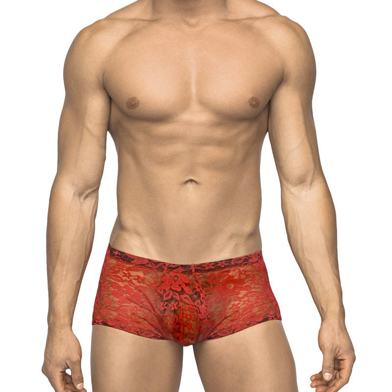 Male Power Stretch Lace Mini Short Red Small 8082