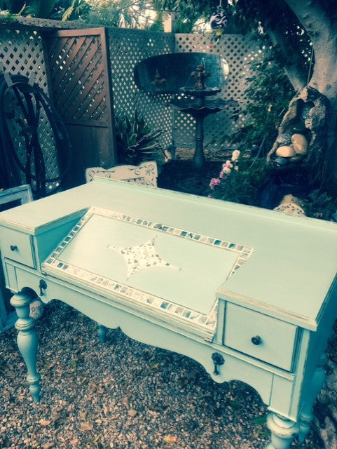 Sold Vintage Secretary Desk Green Blue Mother Of Pearl Mosaic