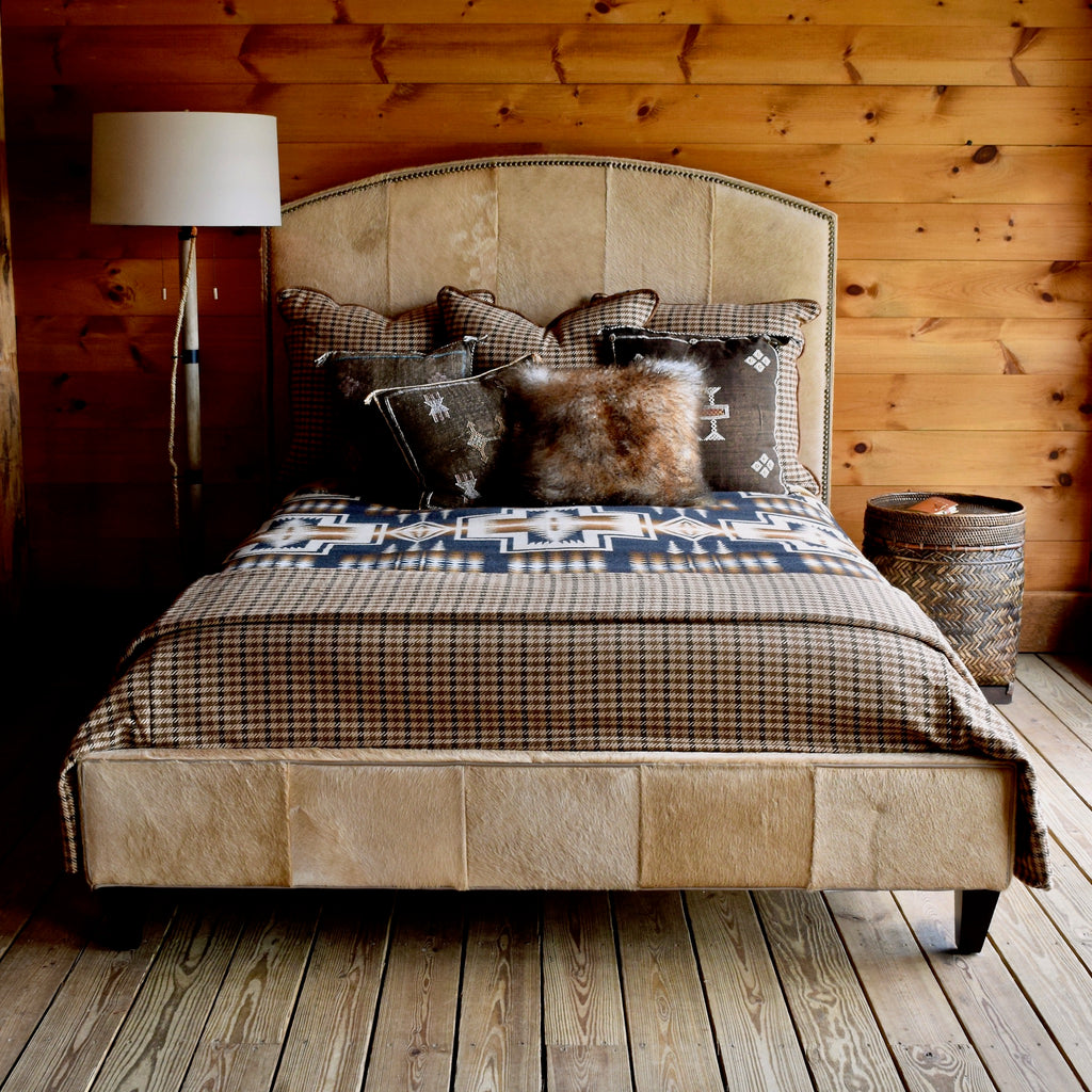 Durant Bed | Queen Beige Cowhide Leather Bed with Sustainable Hardwood