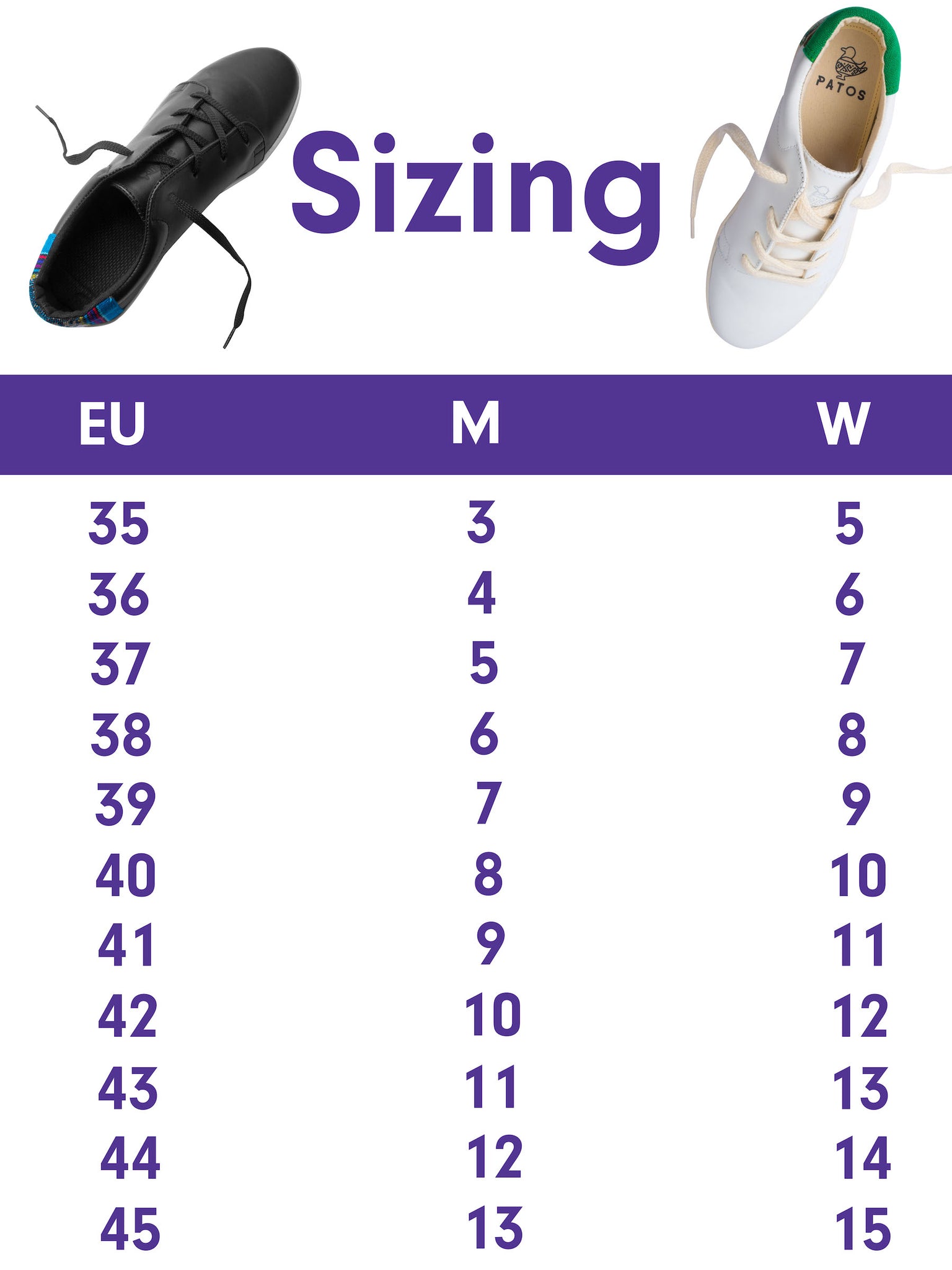 PATOS Shoes sizing chart