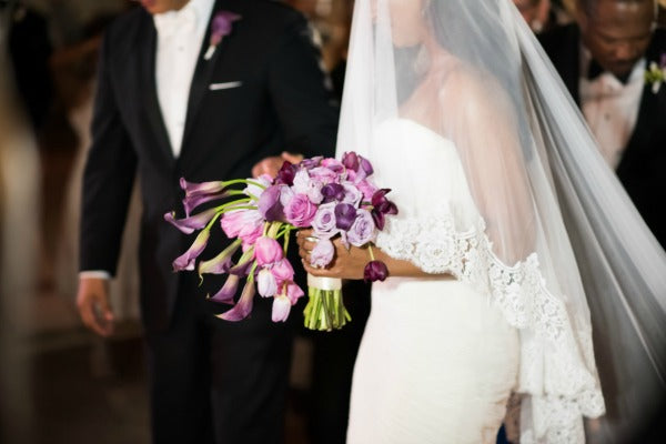 Chic Destination Wedding in Puerto Rico Vibrant Purple Wedding Bride Wearing Cathedral Lace Veil from The Mantilla Company