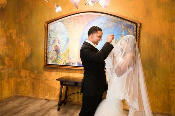 Chic Destination Wedding in Puerto Rico Vibrant Purple Wedding Bride Wearing Cathedral Lace Veil from The Mantilla Company