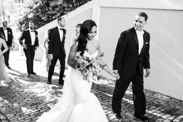 Chic Destination Wedding in Puerto Rico Vibrant Purple Wedding Bride Wearing Cathedral Lace Veil from The Mantilla Company