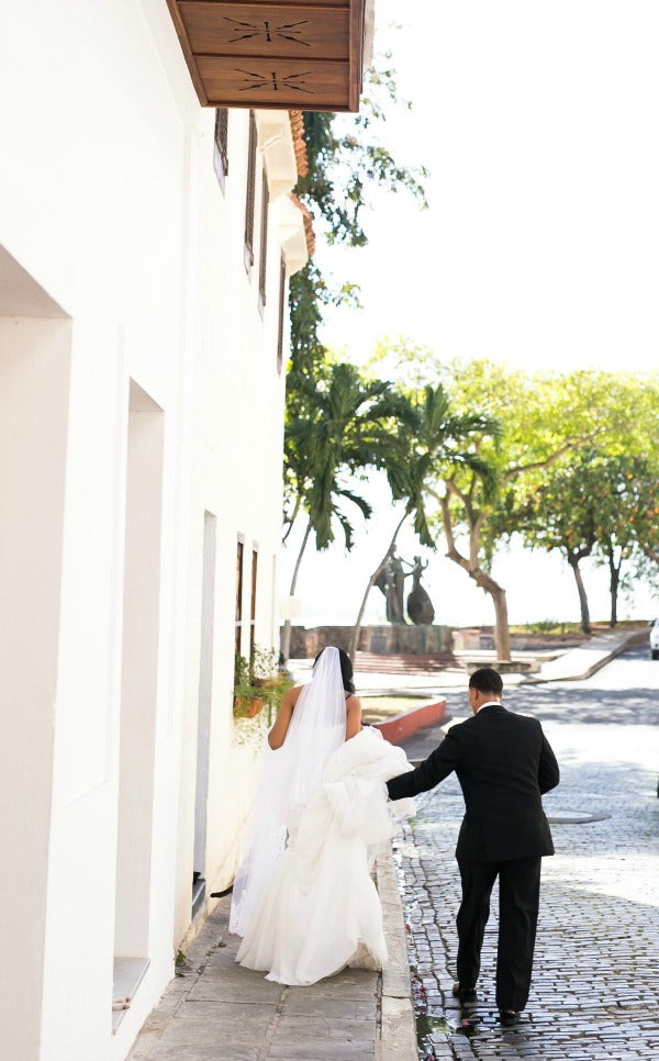 Chic Destination Wedding in Puerto Rico Vibrant Purple Wedding Bride Wearing Cathedral Lace Veil from The Mantilla Company