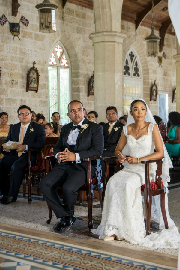 Barbados bride in Marisol mantilla veil from The Mantilla Company