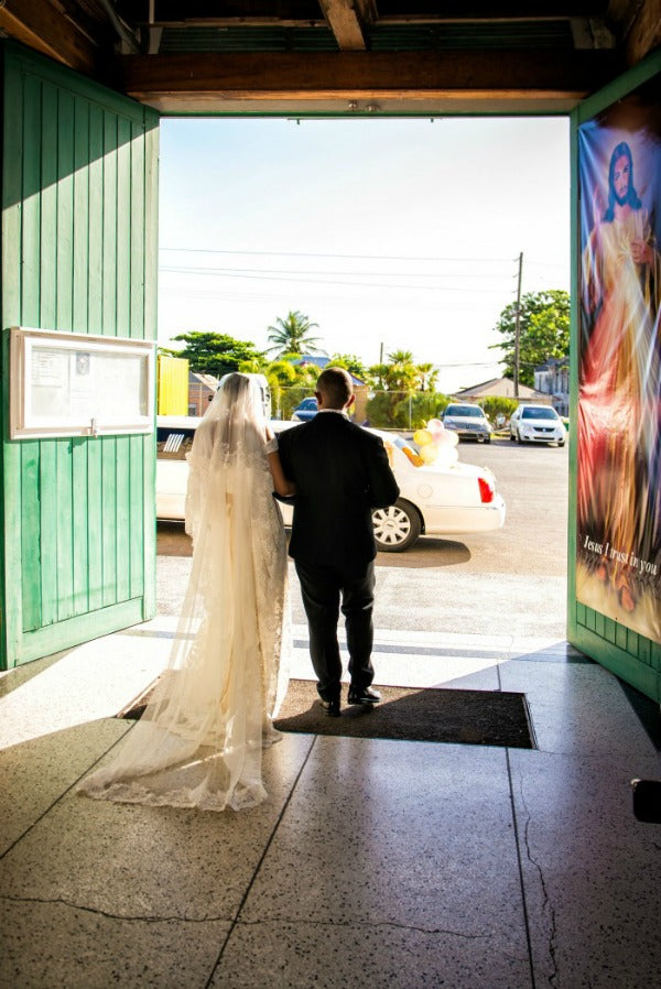 Barbados bride in Marisol mantilla veil from The Mantilla Company
