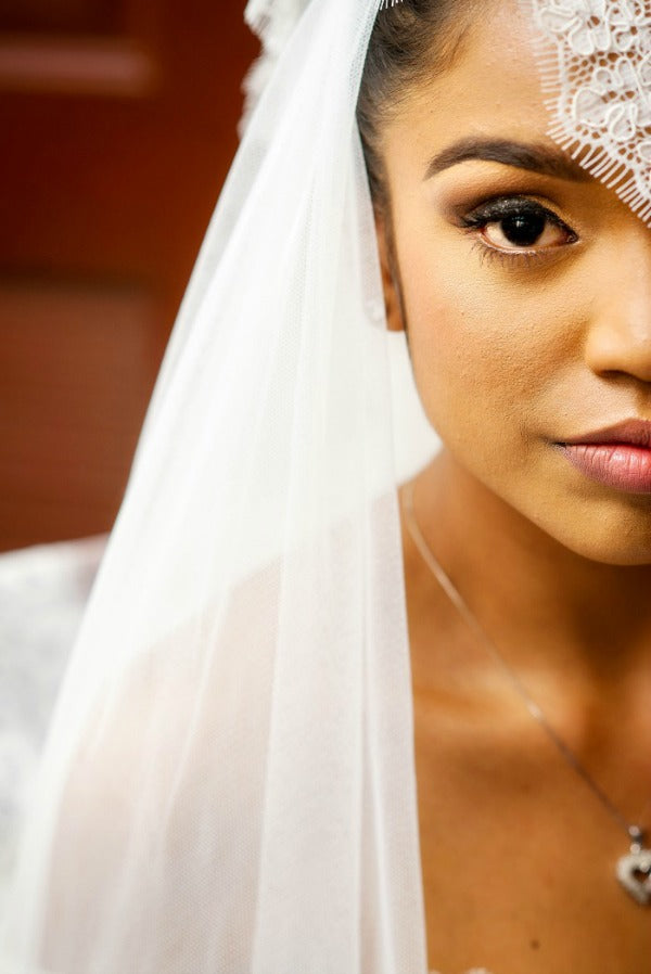 Barbados bride in Marisol mantilla veil from The Mantilla Company