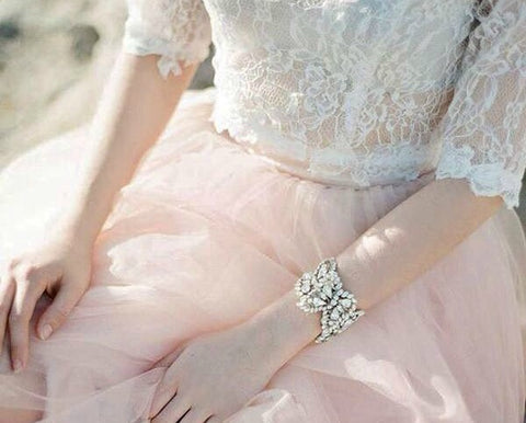 blush wedding dress with ivory lace bodice