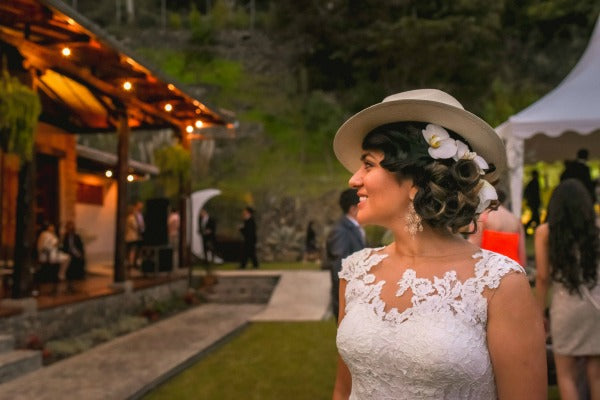 Bride in Panama Hat and Orchids in Hair