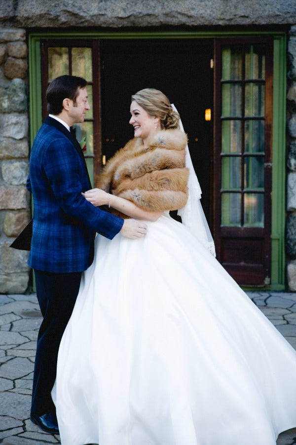 bride in fur coat- new year's day wedding ideas for a new england wedding- Willowdale Estate in Topsfield, MA- bride in mantilla veil from the mantilla company
