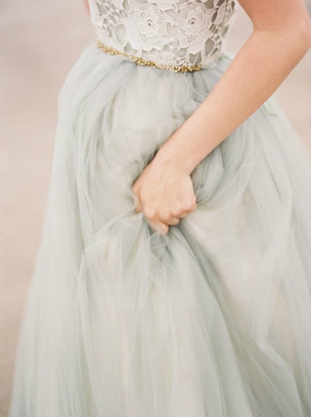 grey tulle wedding dress with lace bodice
