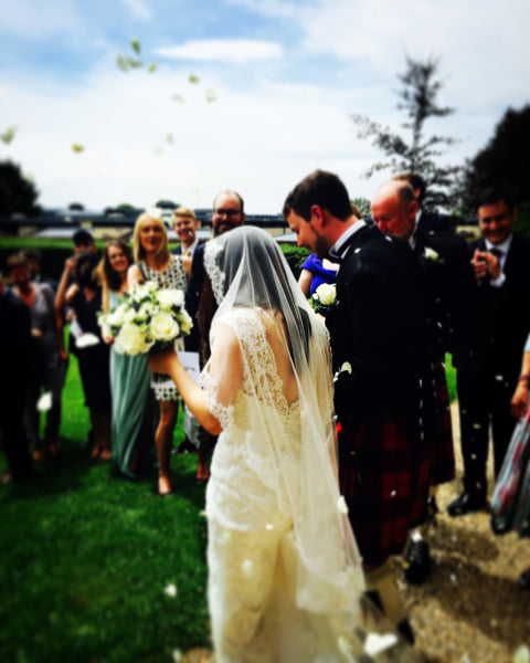 English Wedding Bride in Fingertip Length Mantilla Veil