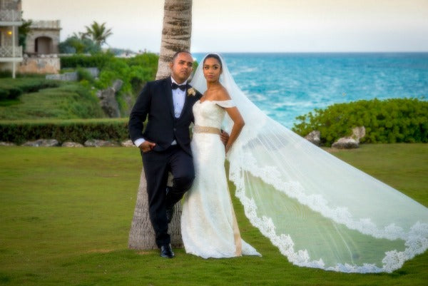 Barbados bride in Marisol mantilla veil from The Mantilla Company