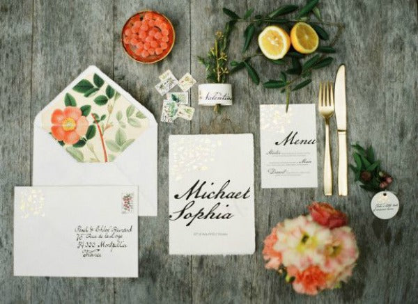 summer wedding invitation suite with gold yellow and coral