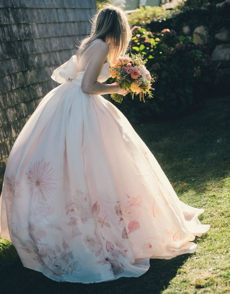 wedding dress with watercolored flowers