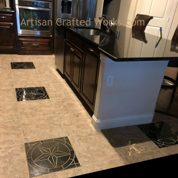 Installed Black Galaxy Granite Texas Star Floor Medallions