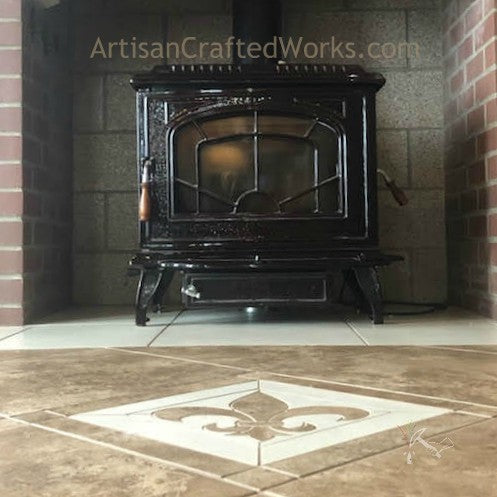 Fleur de Lis tile floor medallion in front of wood stove.