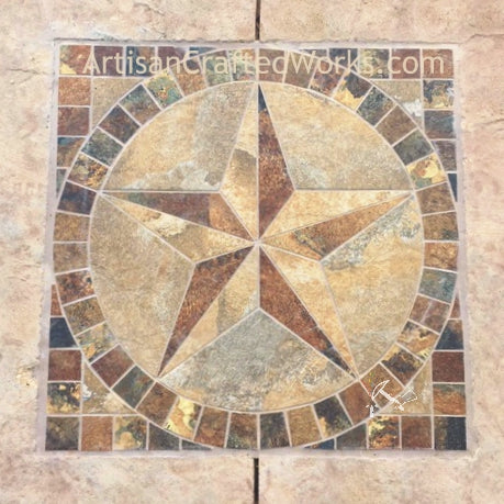 Slate look porcelain tile Texas Star Medallion with decorative concrete surrounding it.