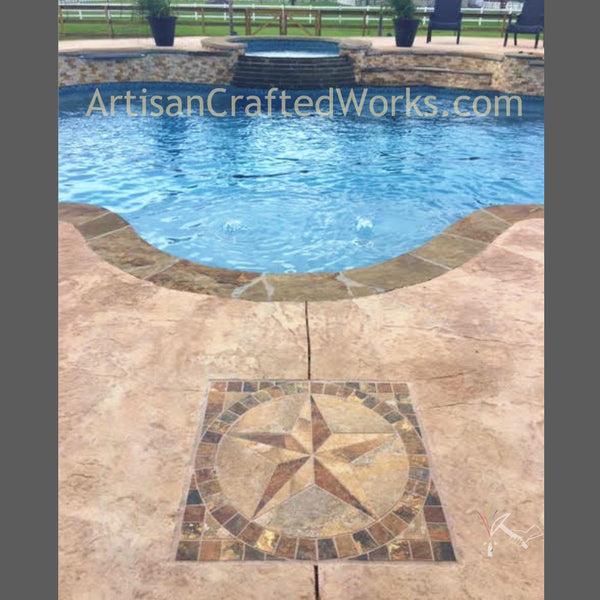 Texas Star Medallion made from slate look porcelain tile installed in front of swimming pool with decorative concrete surrounding it.