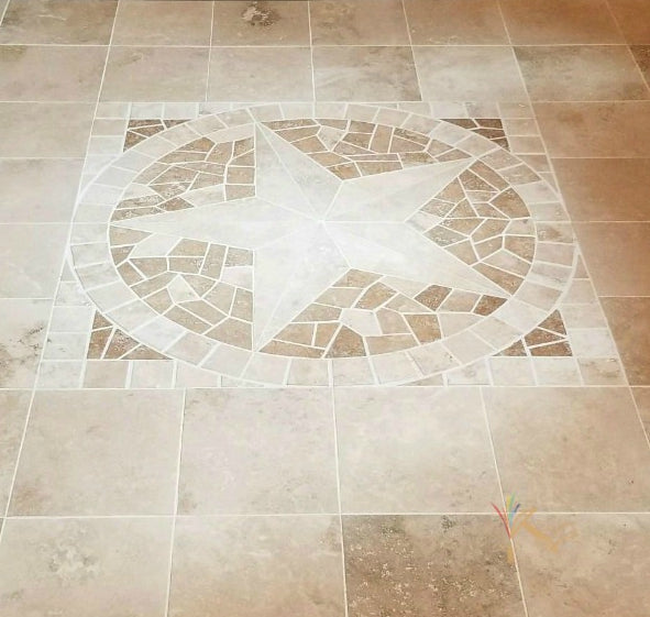 Travertine tile Texas Star entry medallion installed