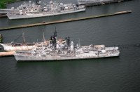 An aerial sided view of two Forest Sherman class destroyers tied up at the Baltimore Fairfield Terminal awaiting scrapping. On the inboard side is the destroyer FORREST SHERMAN (DD-931) and outboard is the BLANDY (DD-943). 
<br>August 1994