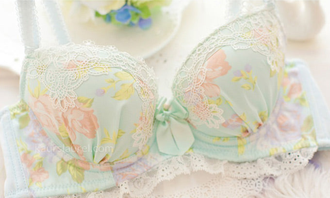 Japanese lingerie frequently incorporates floral patterns and super girly bows and lace trims