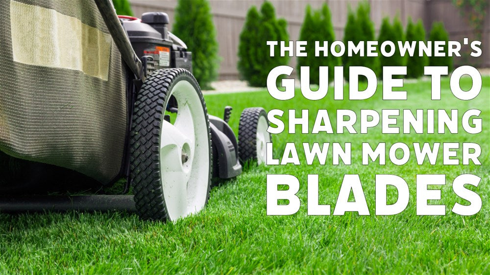 A lawn mower partway through mowing a lawn with the text Homeowner's guide to sharpening lawn mower blades.