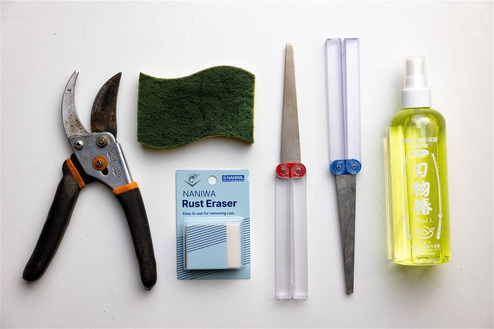 The tools needed for sharpening a bypass pruner, a scouring brush, rust remover, an appropriate sharpener. and a rust preventor.