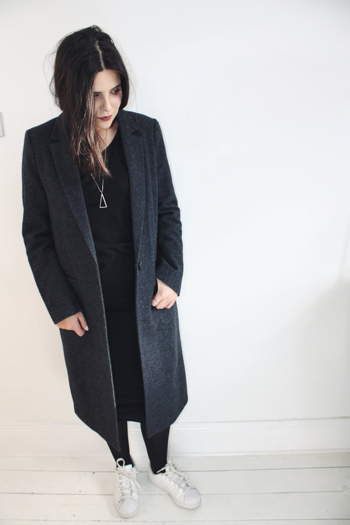 outfit including long line coat from pregnancy capsule