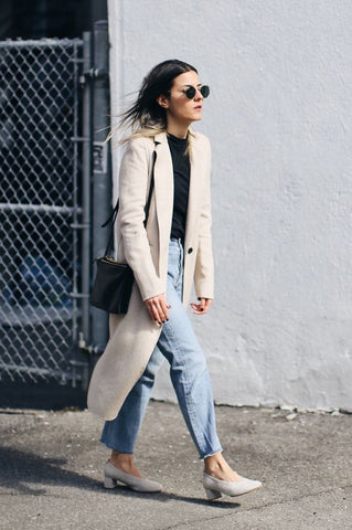 simple denim and long jacket, minimalist style, capsule wardrobe featured in Lines and Current blog