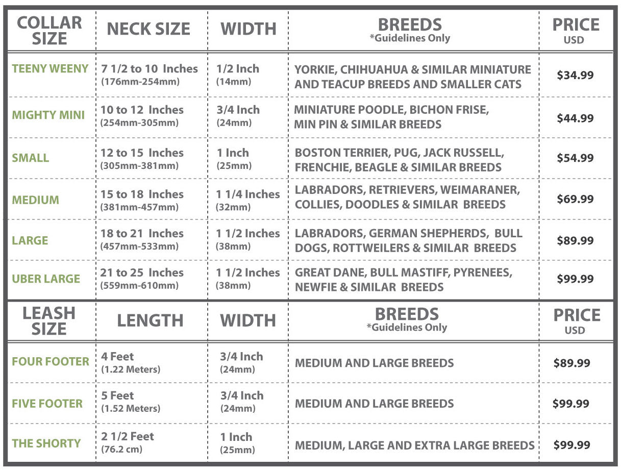 Size Chart for Kenya Collars available at hotdiggity.dog