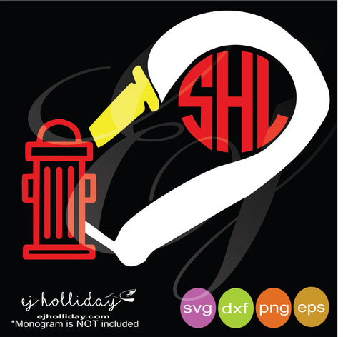 Firefighter Hose with water hydrant heart monogram svg dxf eps png Vector Graphic Design Digital Cutting File Instant Download Cameo Silhouette Cricut