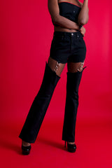 Made to Stray Denim Chaps by Rearrange Us. Slightly flared hems, high waisted, dark wash vintage jeans cut into chaps.