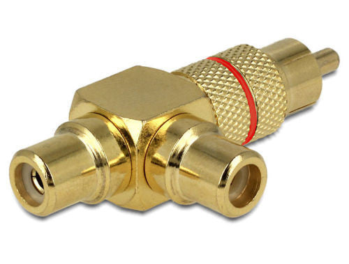 Double RCA output 1 x RCA plug > 2xRCA Female sockets (one angled @ 90°) adapter - Optiwire