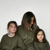 baby and child and ladies sweatshirt made from dark khaki french terry with cloud applique design