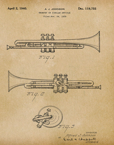 An image of a(n) Trumpet 1940 - Patent Art Print - Parchment.