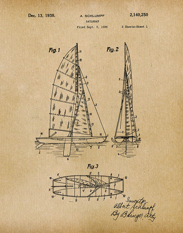 An image of a(n) Sailboat 1938 - Patent Art Print - Parchment.
