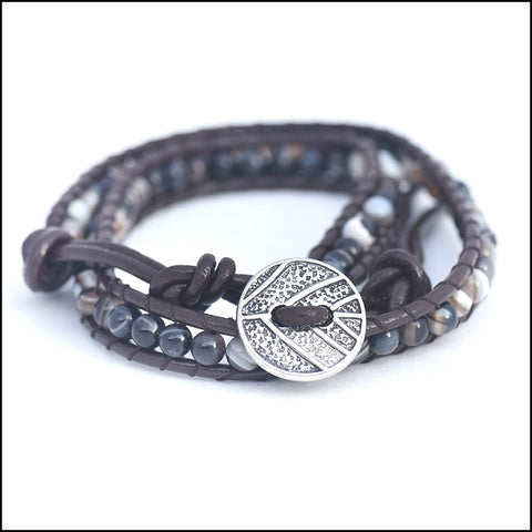 An image of a(n) White Lace Agate - Semi Precious Stones and Leather Wrap Bracelet.